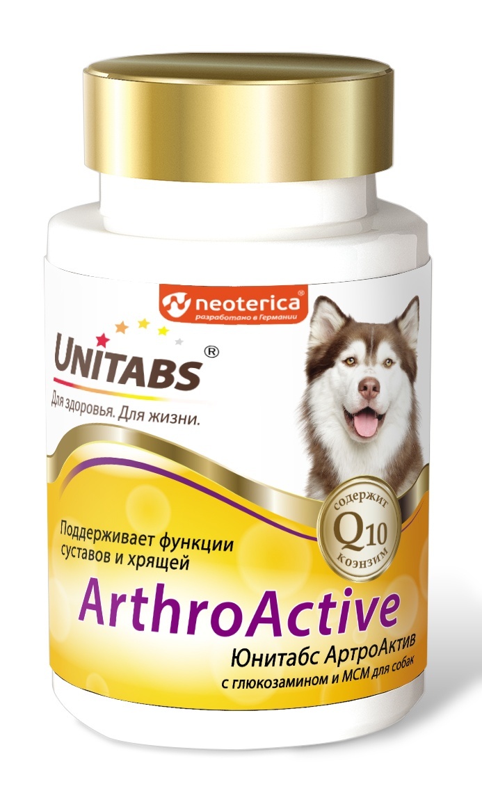 цена Unitabs Unitabs витамины ArthroАctive с Q10 для собак, 100таб (180 г)