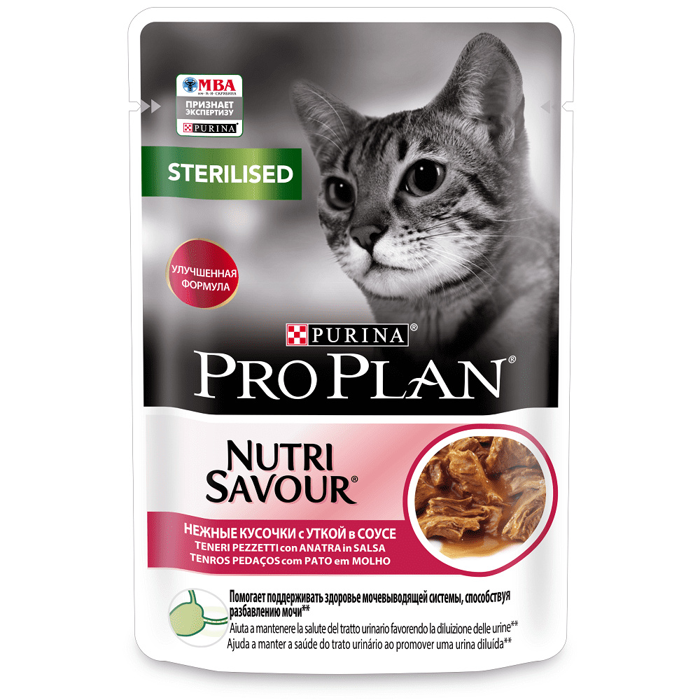 Purina Pro Plan (паучи) упаковка 26 шт. Влажный корм Nutri Savour для взрослых стерилизованных кошек и кастрированных котов, с уткой в соусе (26 шт)