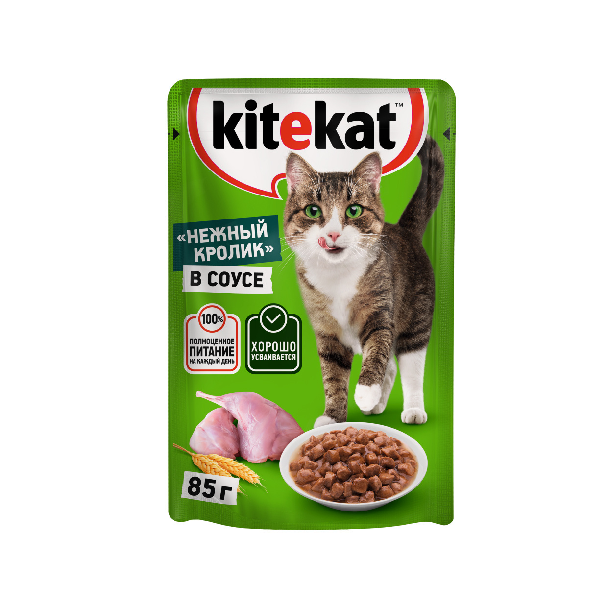 цена Kitekat Kitekat влажный корм для взрослых кошек со вкусом кролика в соусе «Нежный кролик» (85 г)