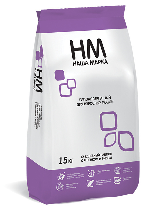 Корм Наша Марка для взрослых кошек, с ягненком и рисом (15 кг) 