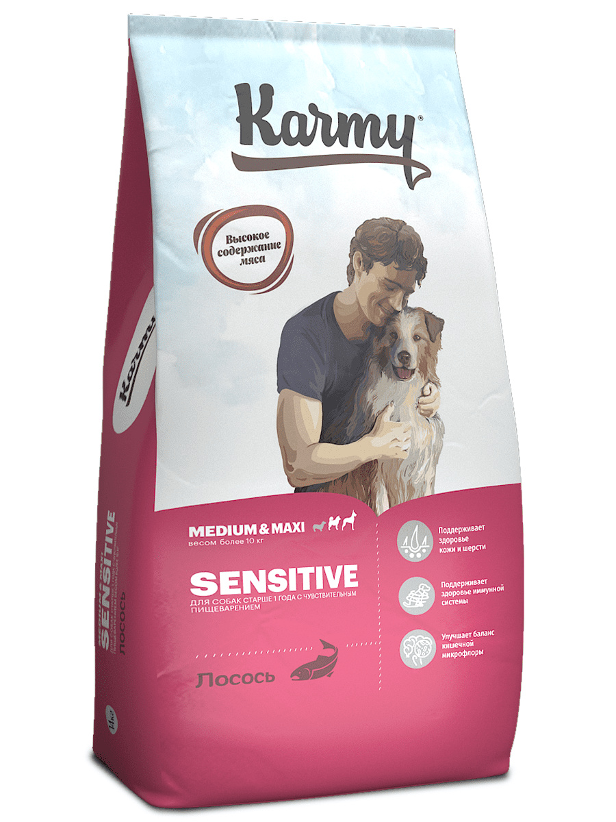 Karmy Karmy сухой корм для собак средних и крупных пород с чувствительным пищеварением с лососем (14 кг)