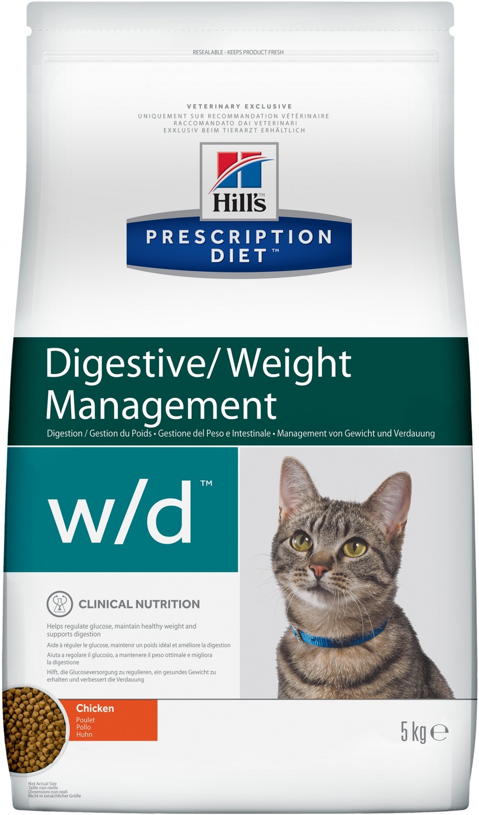 w/d Digestive сухой диетический, для кошек при поддержании веса и сахарном диабете, с курицей (5 кг)