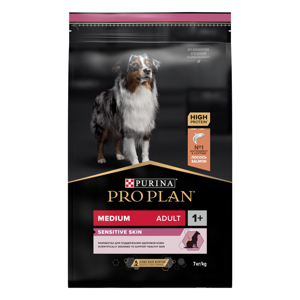 Purina Pro Plan Корм Purina Pro Plan для взрослых собак средних пород с чувствительной кожей, с высоким содержанием лосося (14 кг)