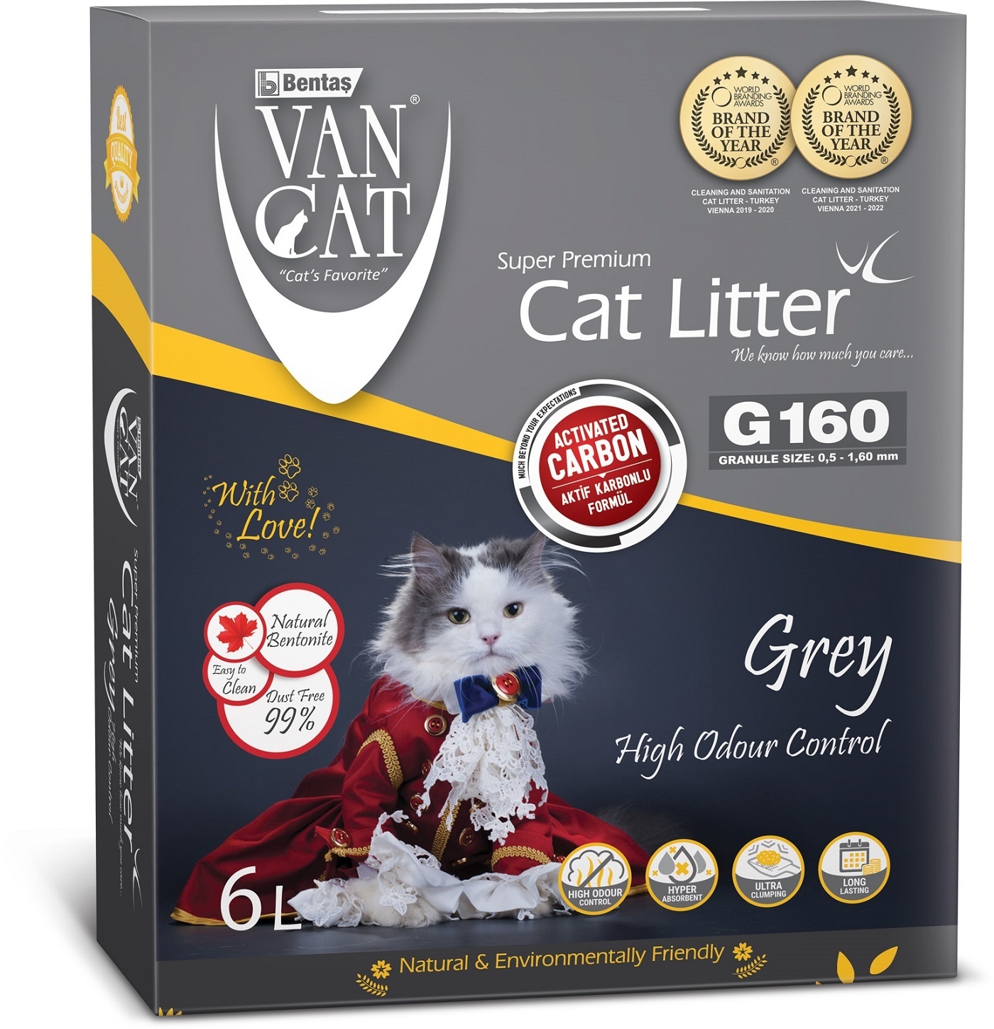 Van Cat комкующийся наполнитель с активированным углем, без пыли, 6 л, коробка (Grey) (5,1 кг)