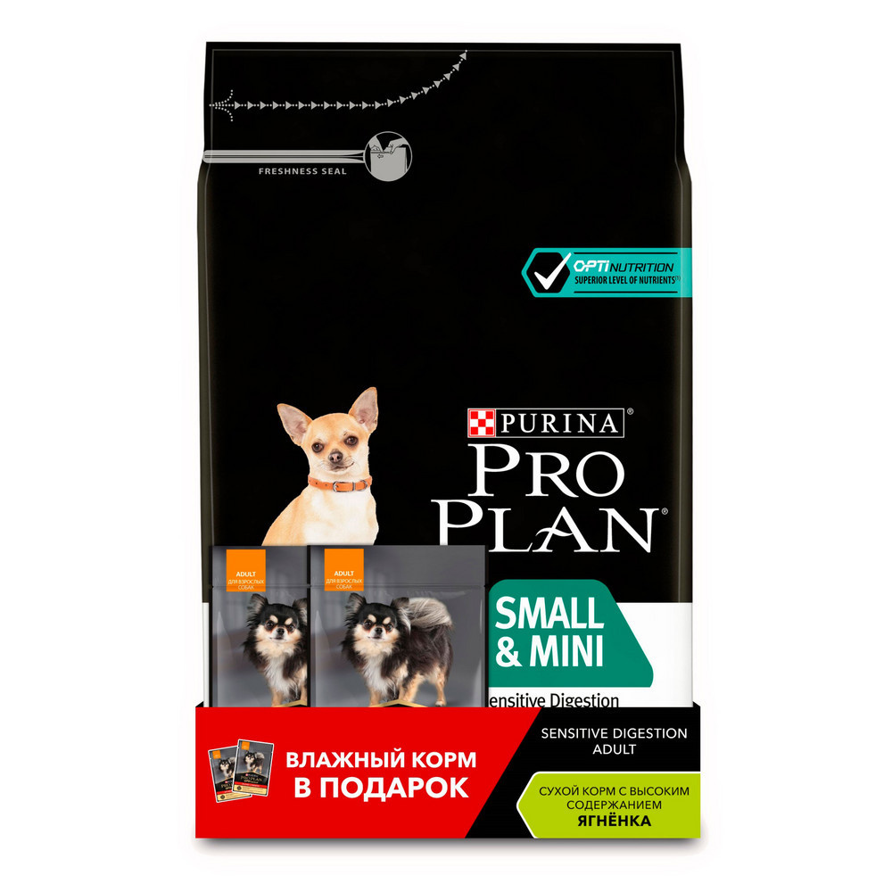 Корм PRO PLAN для взрослых собак мелких и карликовых пород с чувствительным пищеварением, с высоким содержанием ягненка (7 кг)