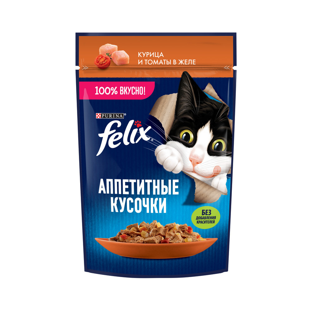 Felix влажный корм Аппетитные кусочки для взрослых кошек, с курицей и томатами в желе (75 г)