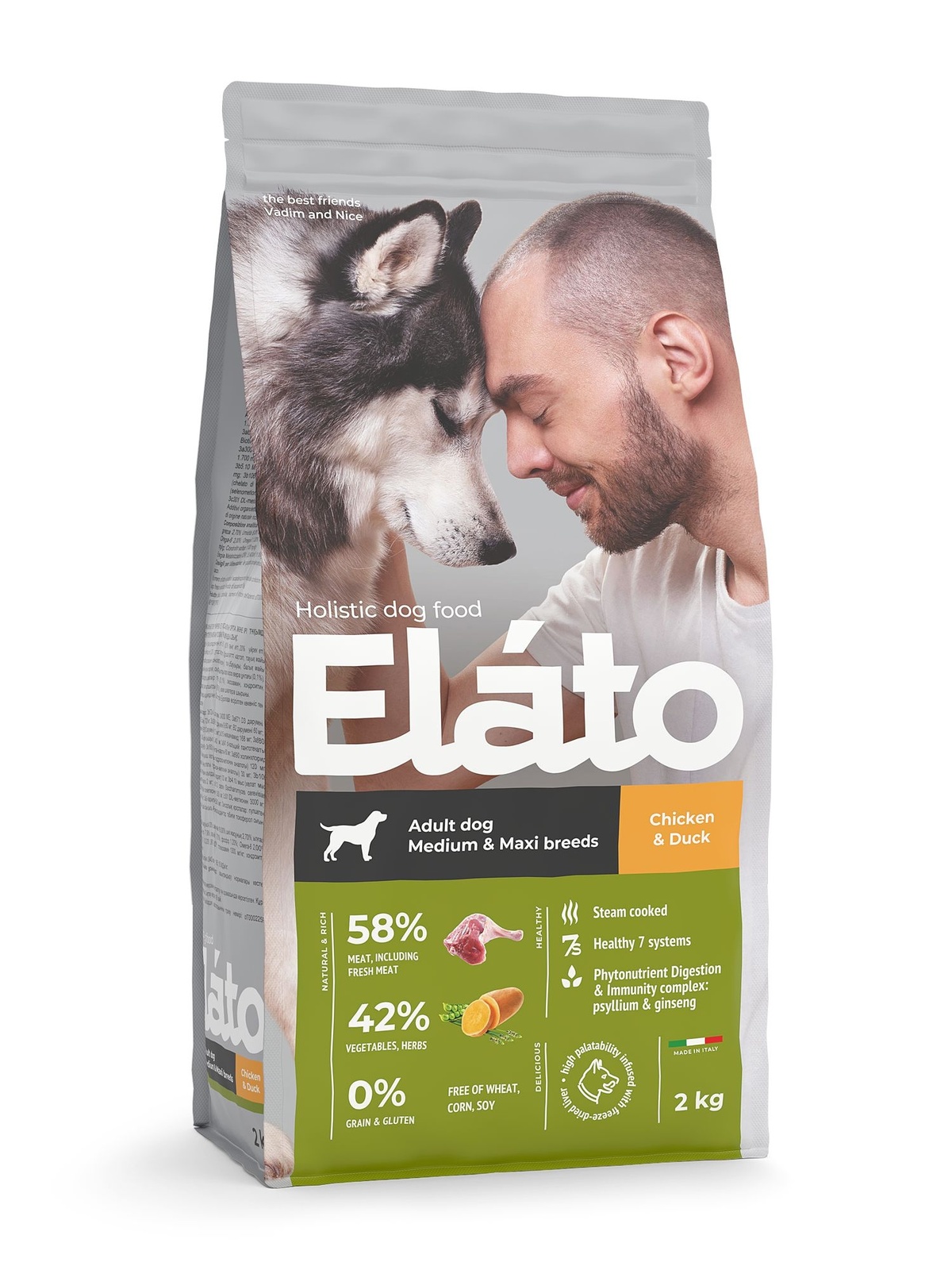 Elato Elato корм для взрослых собак средних и крупных пород с курицей и уткой (2 кг)