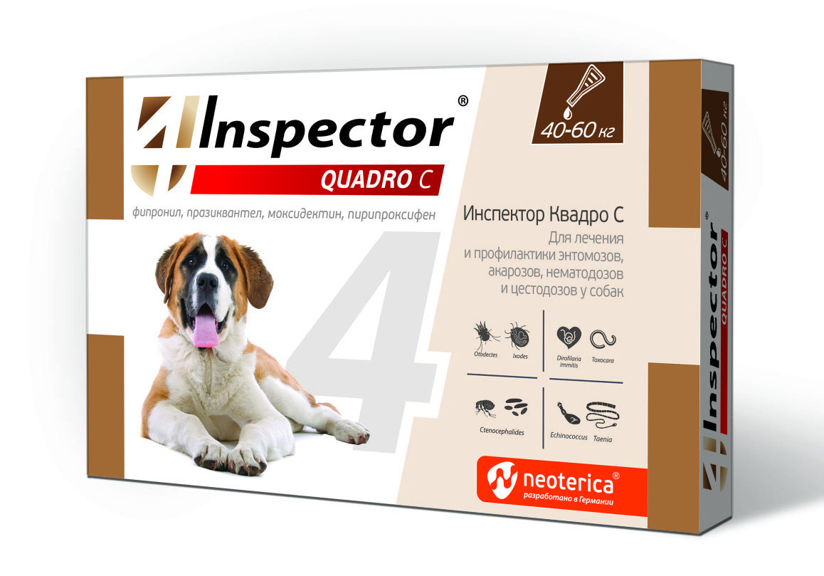 цена Inspector Inspector quadro капли на холку для собак 40-60 кг, от клещей, насекомых, глистов (25 г)
