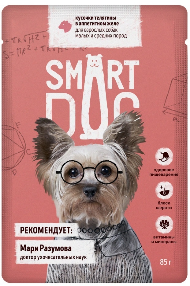 Smart Dog паучи Smart Dog паучи паучи для взрослых собак малых и средних пород кусочки телятины в аппетитном желе (85 г)