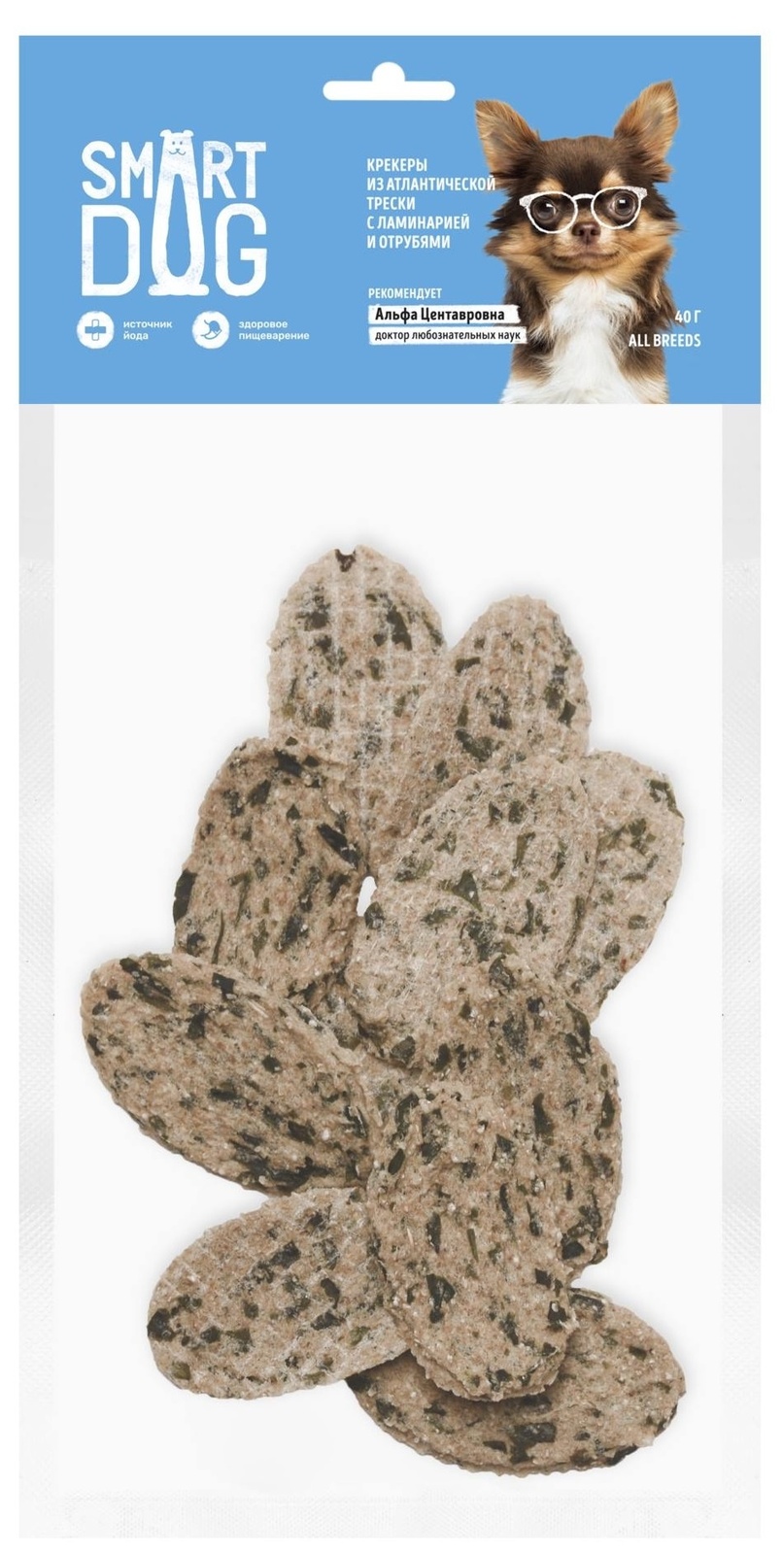 Smart Dog лакомства Smart Dog лакомства лакомство для собак Крекеры из атлантической трески с ламинарией и отрубями (40 г) фарш трески borealis 750 г
