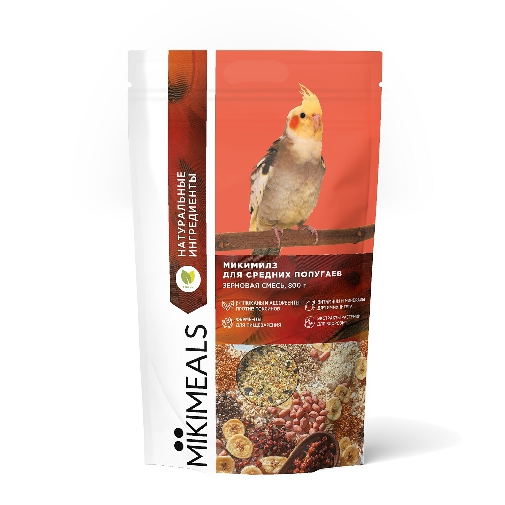 цена Mikimeals Mikimeals корм для средних попугаев (800 г)