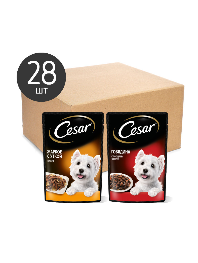 Cesar Cesar набор паучей для собак, два вкуса (паучи желе 14шт х 85г и паучи ломтики в соусе 14шт х 85г) (2,38 кг)