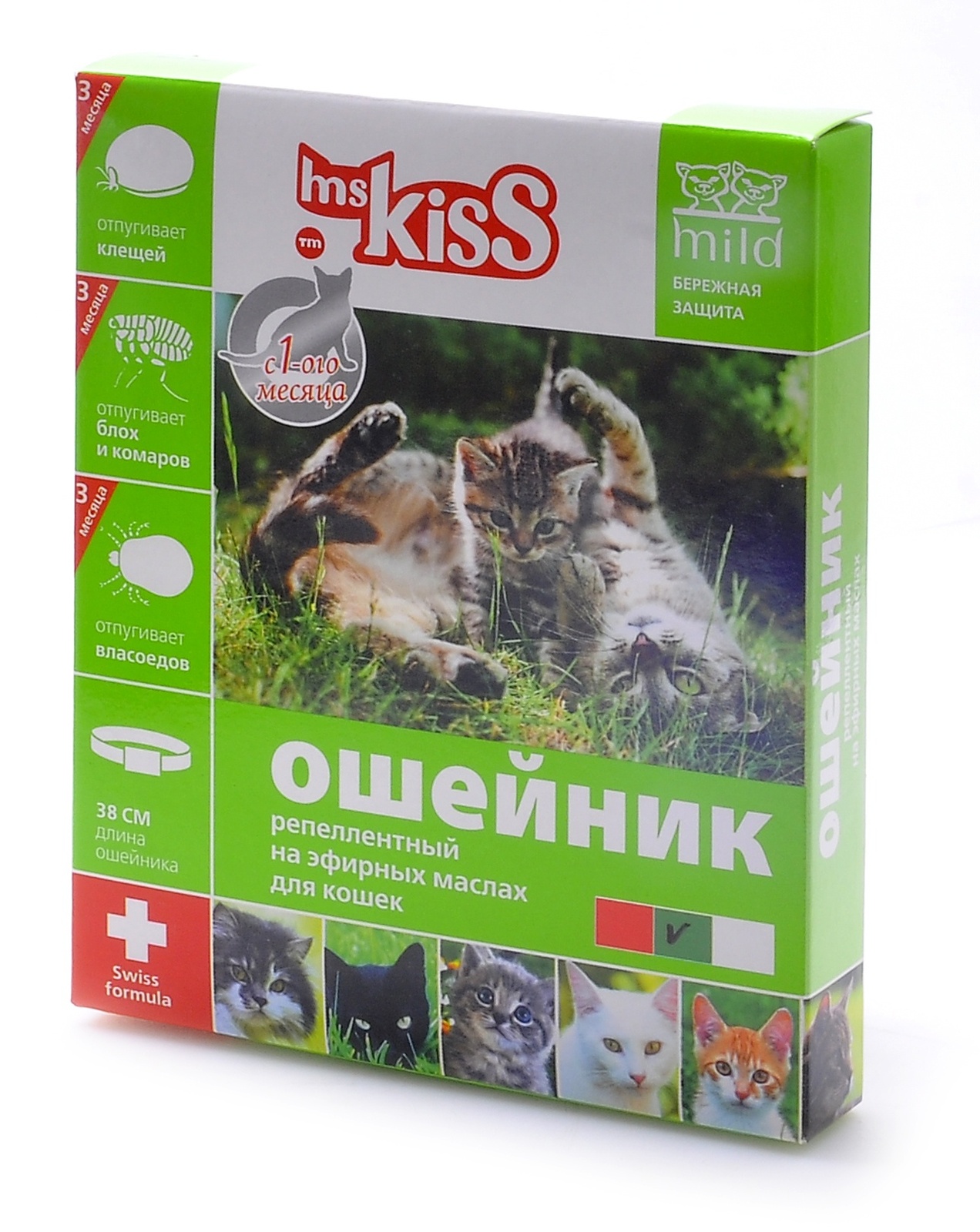 Ms.Kiss Ms.Kiss ошейник от блох, клещей, комаров для котят с 4 недель и кошек, 38 см, зеленый (защита 3 мес.) (50 г) 22699