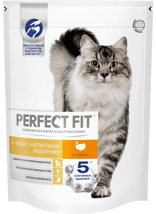 Корм Perfect Fit сухой корм для взрослых кошек с чувствительным пищеварением, с индейкой (10 кг)
