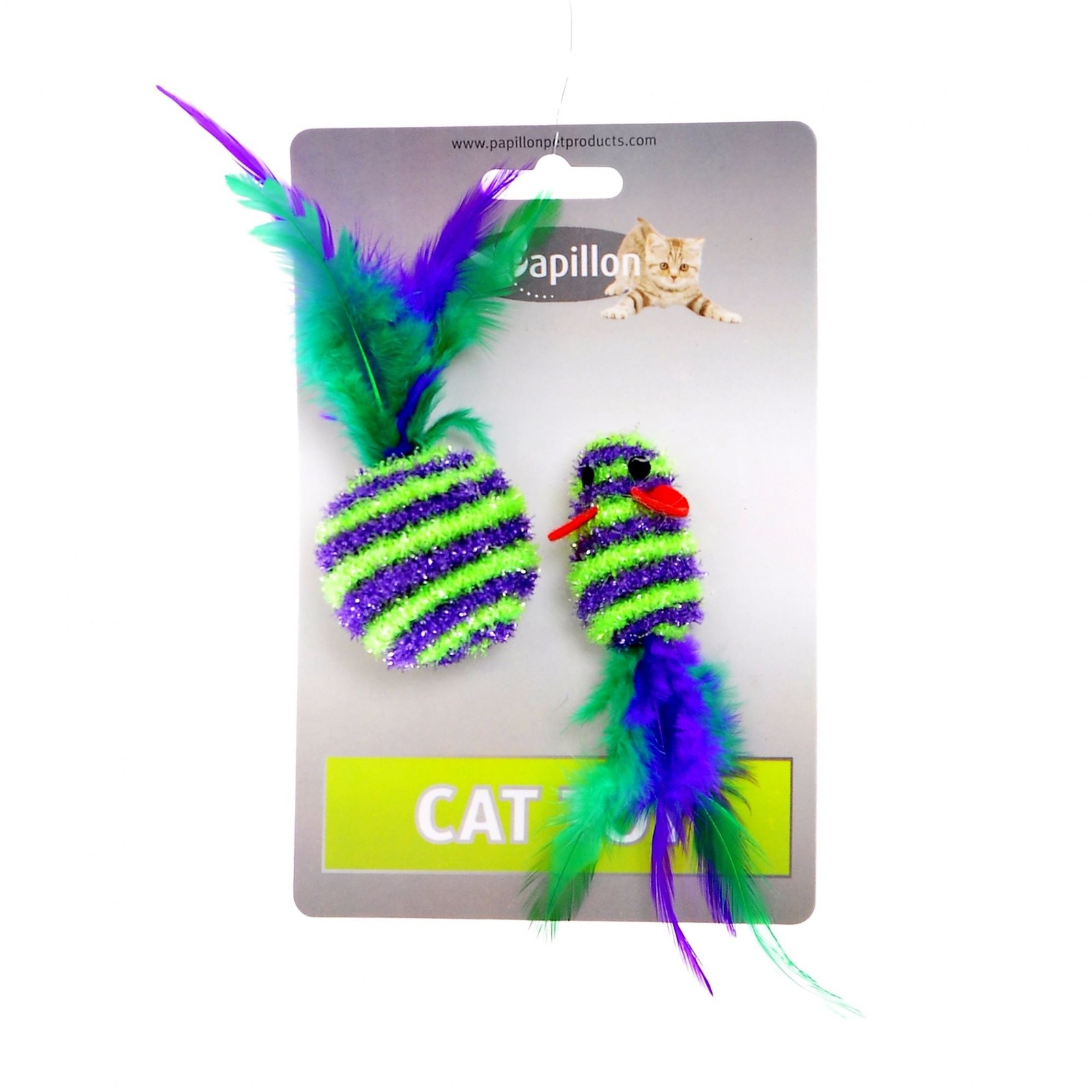 Papillon Papillon игрушка для кошек Мышка и мячик с перьями 5+4см, в полоску, текстиль (16 г)