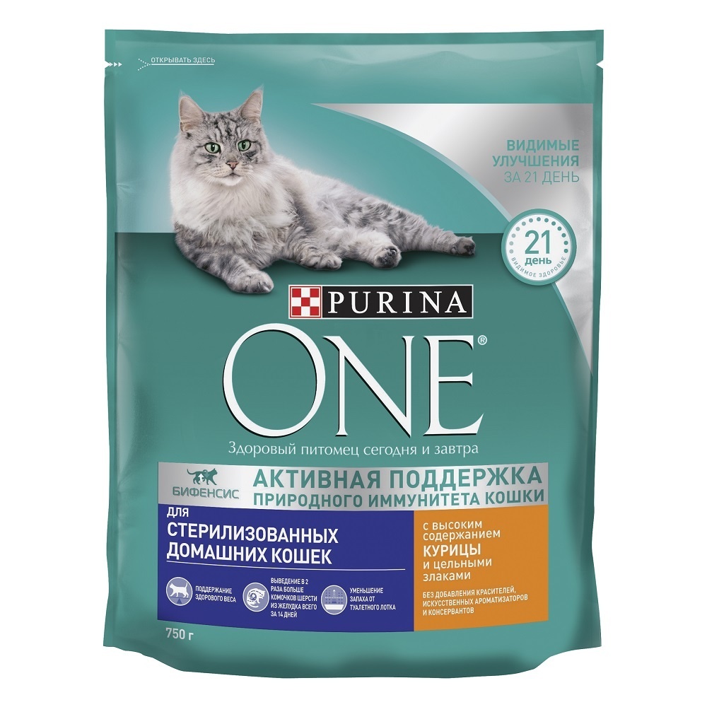 Корм PURINA ONE для стерилизованных кошек и кастрированных котов, живущих в домашних условиях, с высоким содержанием курицы и цельными злаками (1,5 кг)