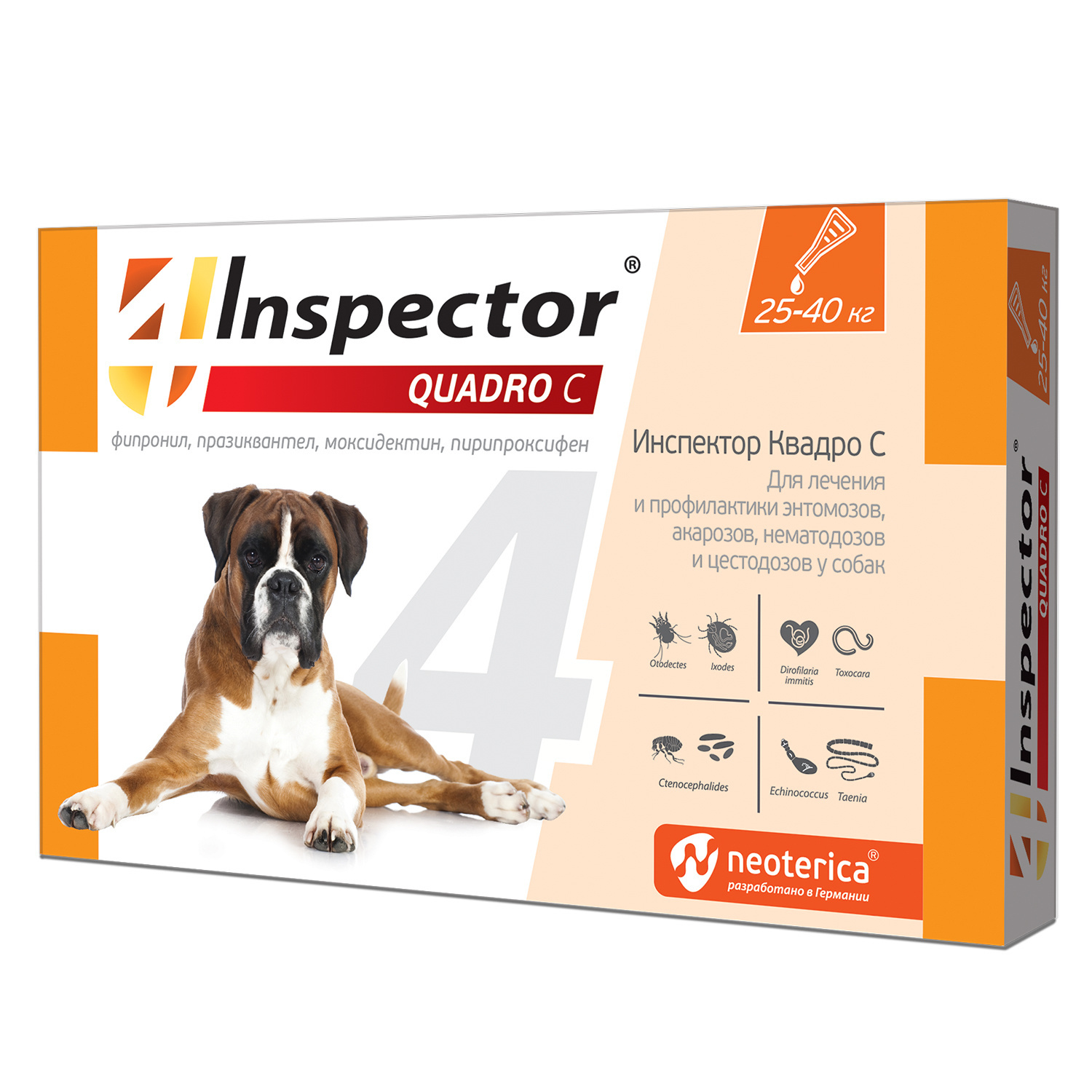 цена Inspector Inspector quadro капли на холку для собак 25-40 кг, от клещей, насекомых, глистов (24 г)