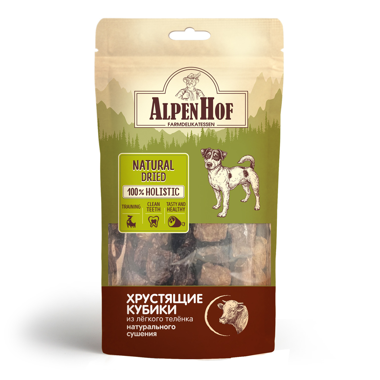 цена AlpenHof AlpenHof лакомство Хрустящие кубики из легкого теленка для собак (50 г)