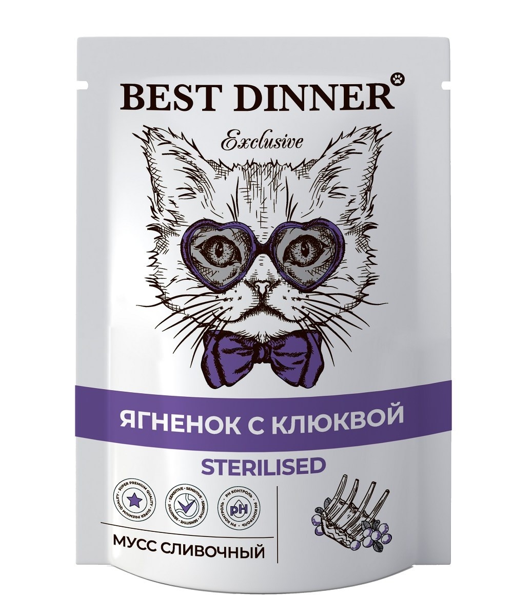 цена Best Dinner Best Dinner мусс сливочный для стерилизованных кошек Ягненок с клюквой (85 г)