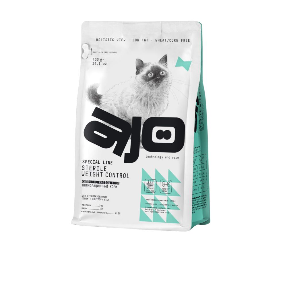 AJO полнорационный сухой корм для стерилизованных кошек контроль веса (400 г)
