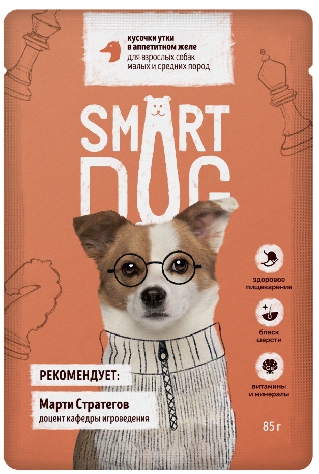Smart Dog паучи Smart Dog паучи паучи для взрослых собак малых и средних пород кусочки утки в аппетитном желе (85 г)