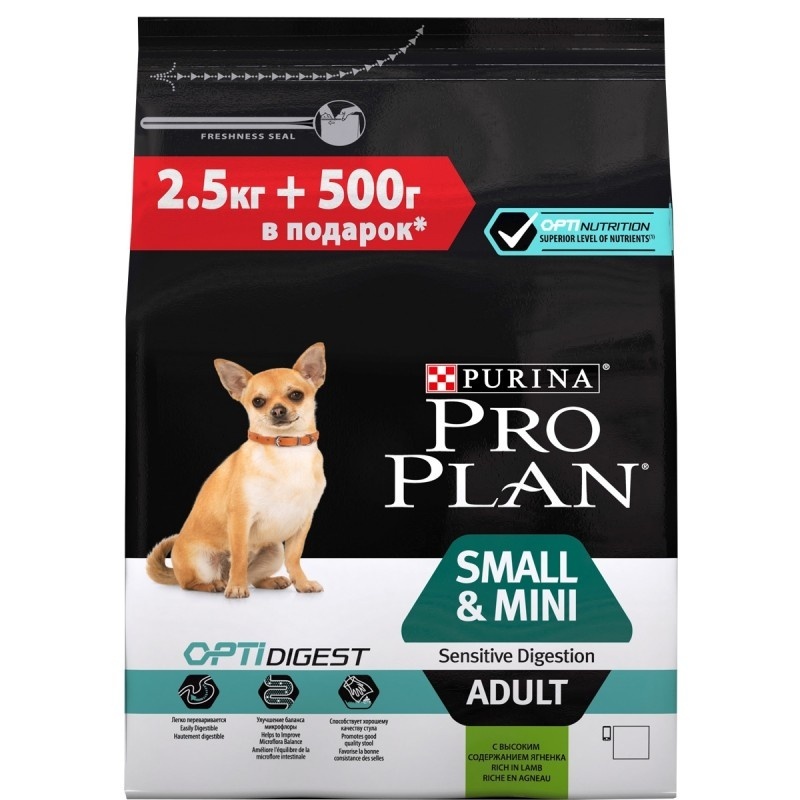 Корм Purina Pro Plan для взрослых собак мелких и карликовых пород с чувствительным пищеварением, с высоким содержанием ягненка (3 кг) Purina Pro Plan - фото 1