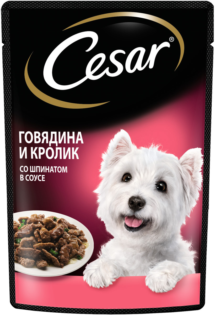 Cesar Cesar влажный корм для взрослых собак, с говядиной, кроликом и шпинатом в соусе (85 г) cesar полнорационный влажный корм для собак с говядиной кроликом и шпинатом кусочки в соусе в паучах 85 г