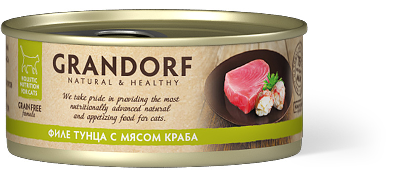 цена Grandorf Grandorf консервы для кошек: филе тунца с мясом краба (70 г)
