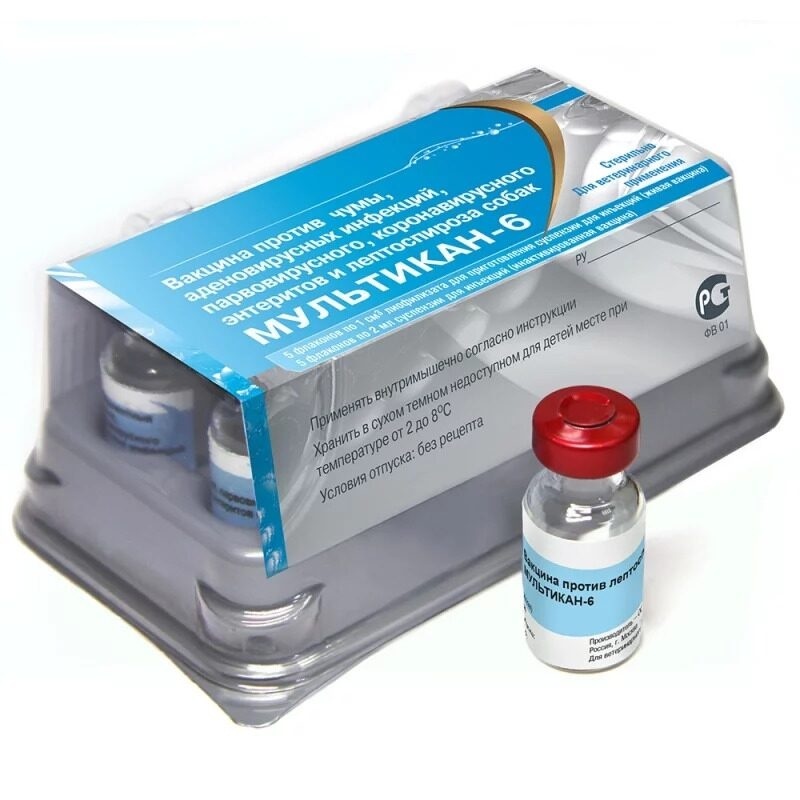 Ветбиохим мультикан-6, вакцина против чумы, аденовирусных инфекций, парвовирусного и коронавирусного энтеритов и лептоспироза собак  (5 доз/уп.) (80 г)