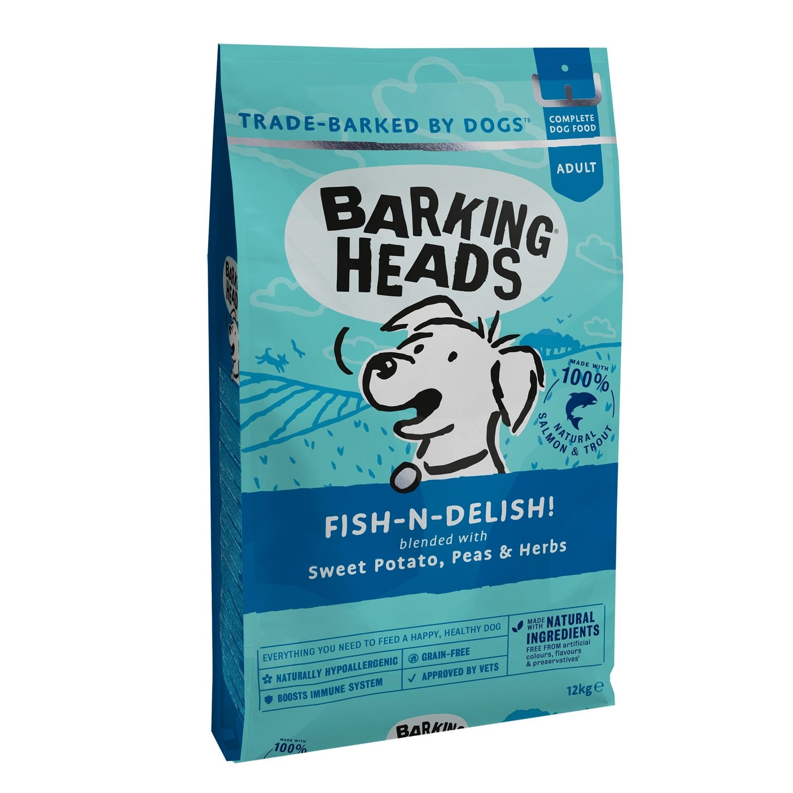Корм Barking Heads беззерновой корм для собак, с лососем, форелью и бататом "Рыбка-вкусняшка" (18 кг) 