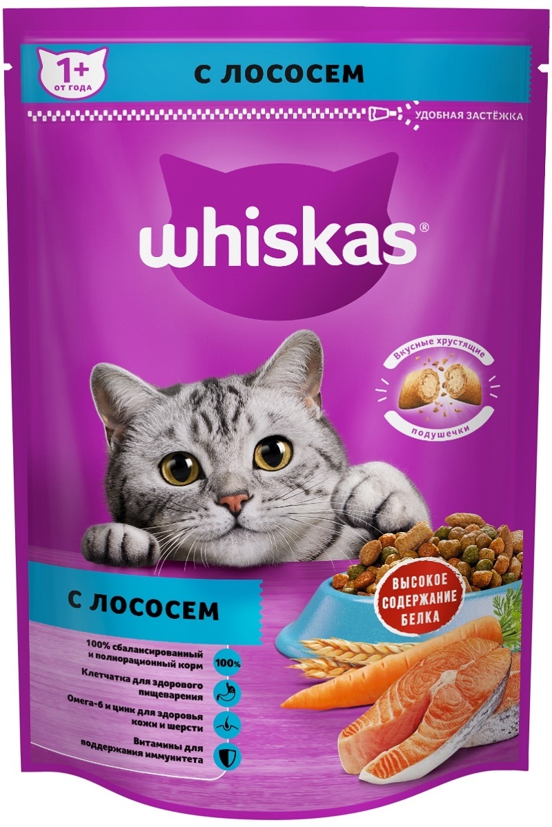 Корм Whiskas сухой корм для взрослых кошек «Подушечки с паштетом. Обед с лососем» (350 г)