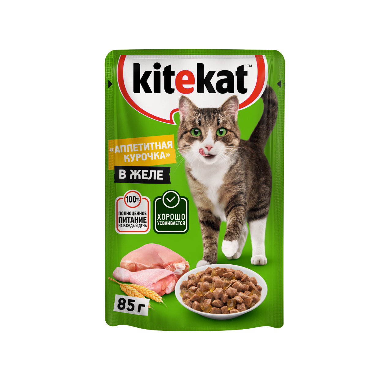 цена Kitekat Kitekat влажный корм для взрослых кошек со вкусом курицы в желе «Аппетитная курочка» (85 г)
