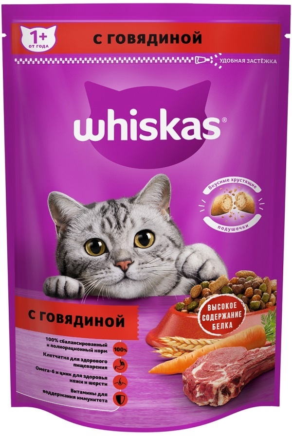 Whiskas Корм Whiskas сухой корм для кошек «Вкусные подушечки с нежным паштетом, с говядиной» (350 г)