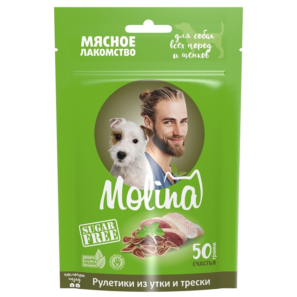 цена Molina Molina лакомство для собак всех пород и щенков Рулетики из утки и трески (50 г)