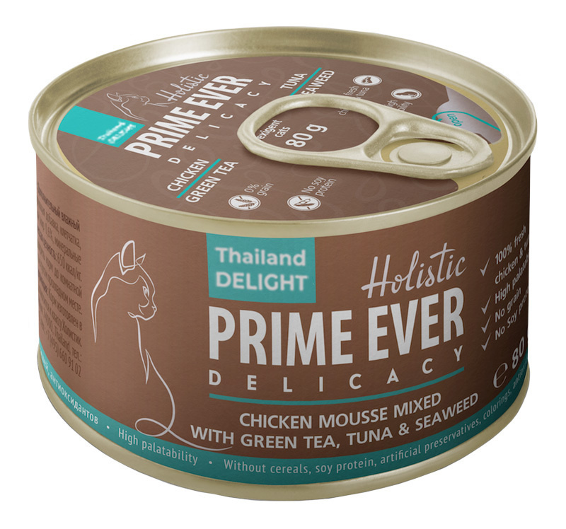 Prime Ever Prime Ever консервы для для кошек Мусс цыпленок с тунцом с зеленым чаем и водорослями (80 г)