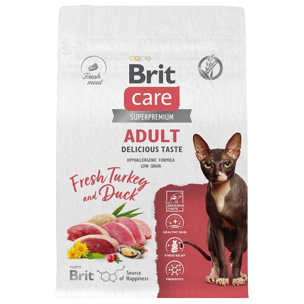 цена Brit Care Brit Care сухой корм с индейкой и уткой для взрослых привередливых кошек (1,5 кг)