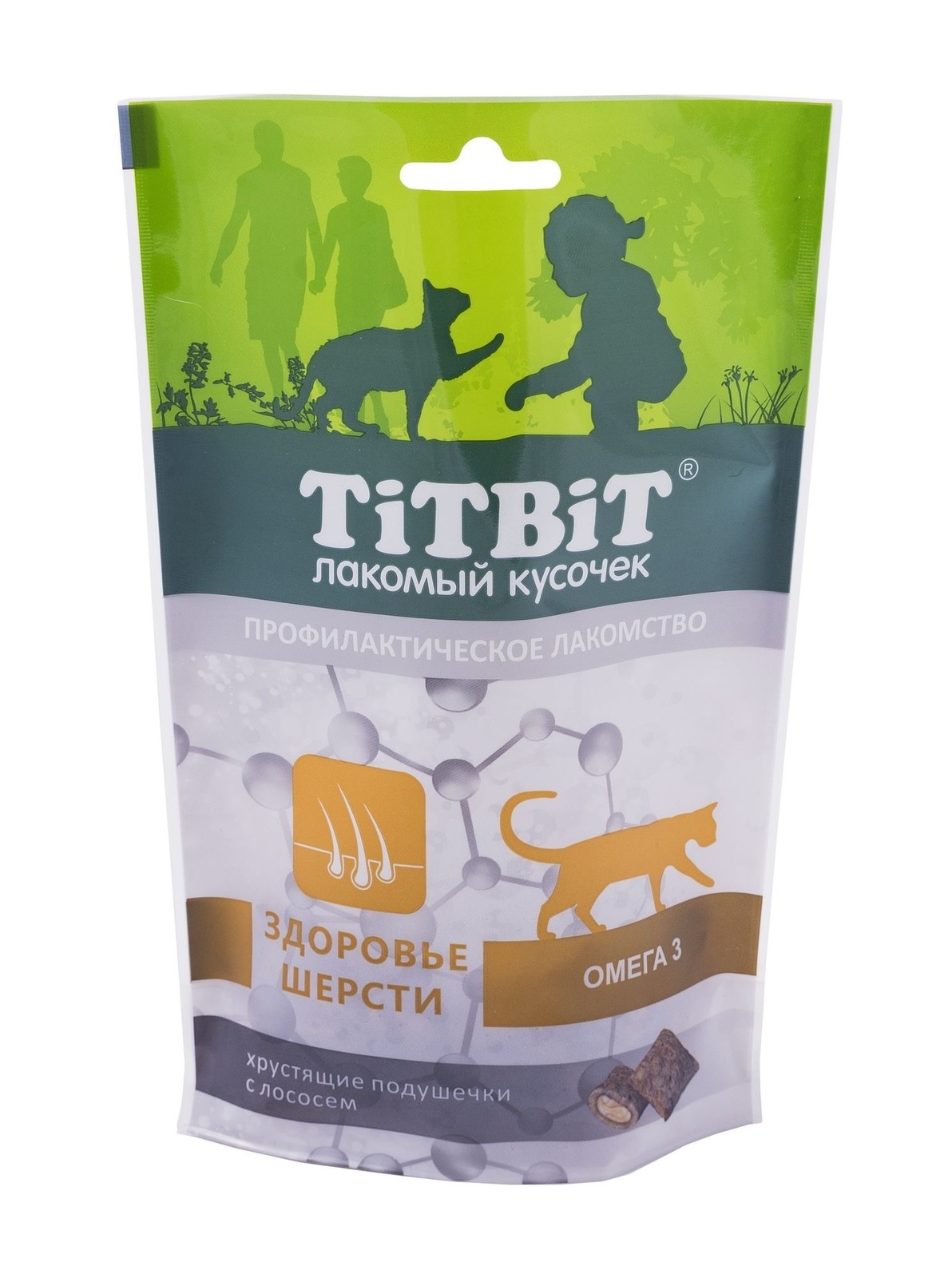 TiTBiT TiTBiT хрустящие подушечки для кошек с лососем для здоровья шерсти (60 г) titbit колечки мясные для кошек вяленые лакомства 20 г