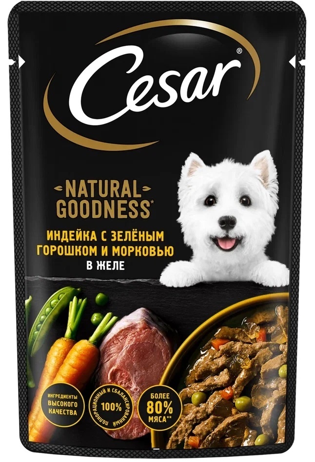 Cesar Cesar паучи для собак с индейкой, горохом, морковью в желе (80 г) cesar cesar набор паучей для собак два вкуса паучи желе 14шт х 85г и паучи ломтики в соусе 14шт х 85г 2 38 кг