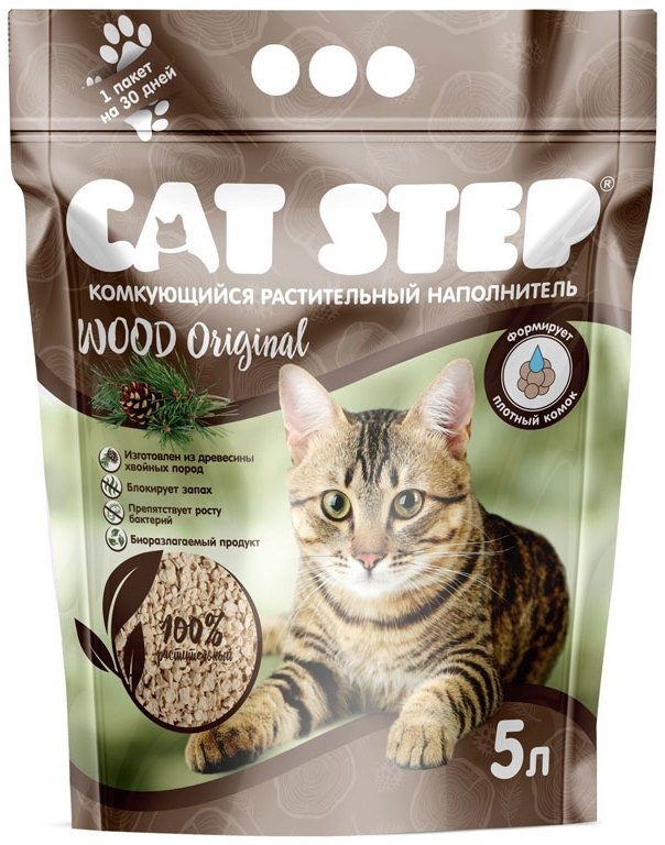 Cat Step Cat Step комкующийся растительный наполнитель Wood Original (2,3 кг)