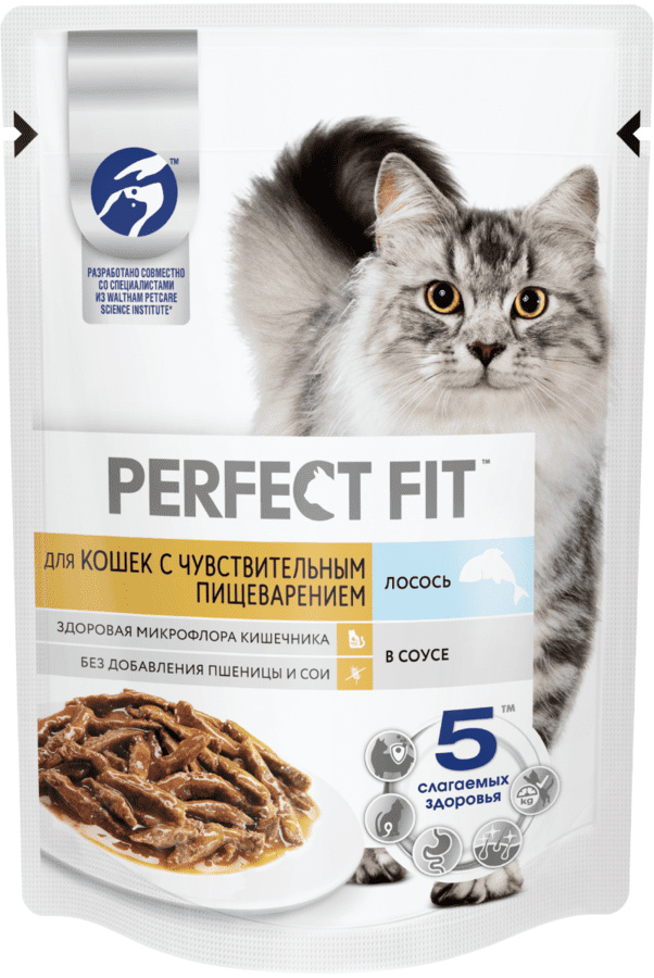 Perfect Fit Perfect Fit влажный корм для кошек с чувствительным пищеварением, с лососем в соусе (75 г)