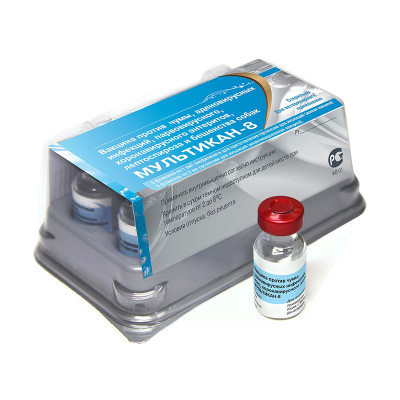 Ветбиохим мультикан-8, вакцина против чумы, аденовирусных инфекций, парвовирусного и коронавирусного энтеритов, лептоспироза и бешенства собак  (5 доз/уп.) (80 г)