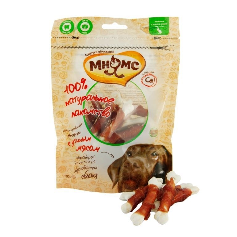 цена Мнямс Мнямс лакомство для собак: Кальцинированные косточки с утиным мясом (100 г)