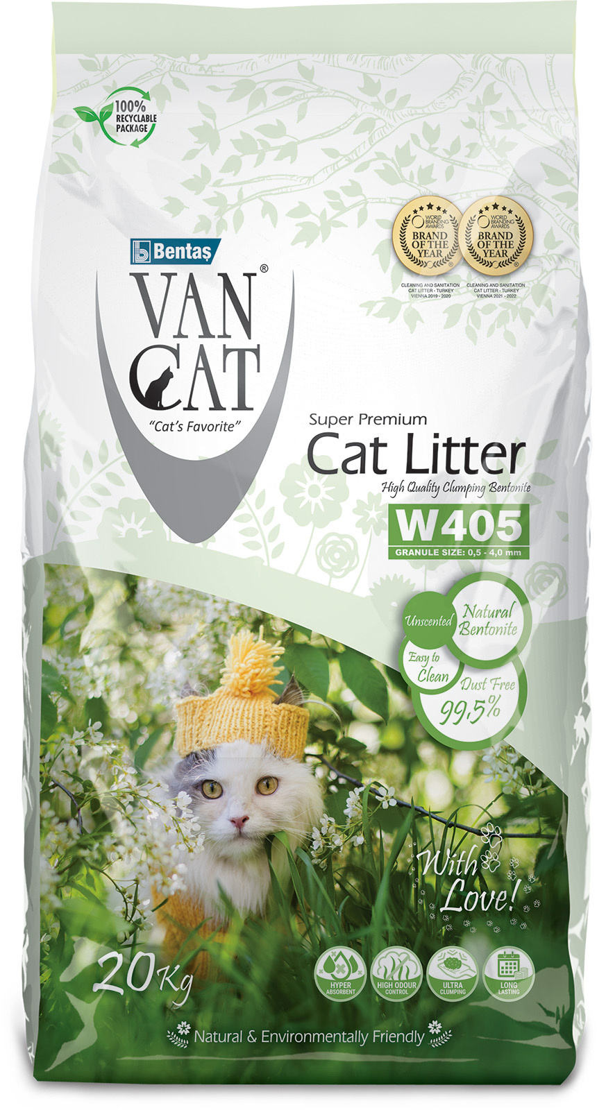 Van Cat Van Cat комкующийся наполнитель 100% натуральный, без пыли, пакет (20 кг)