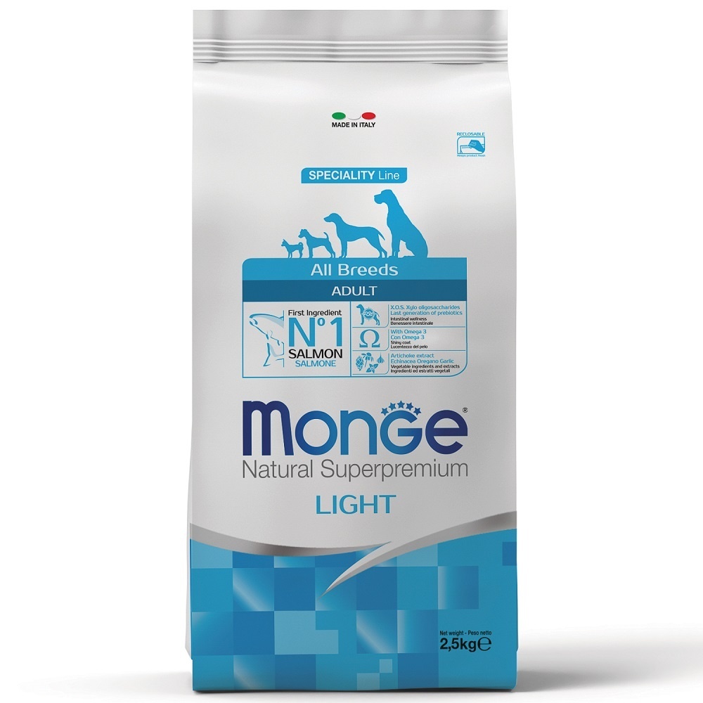 Корм Monge низкокалорийный корм для собак всех пород, с лососем и рисом (12 кг)