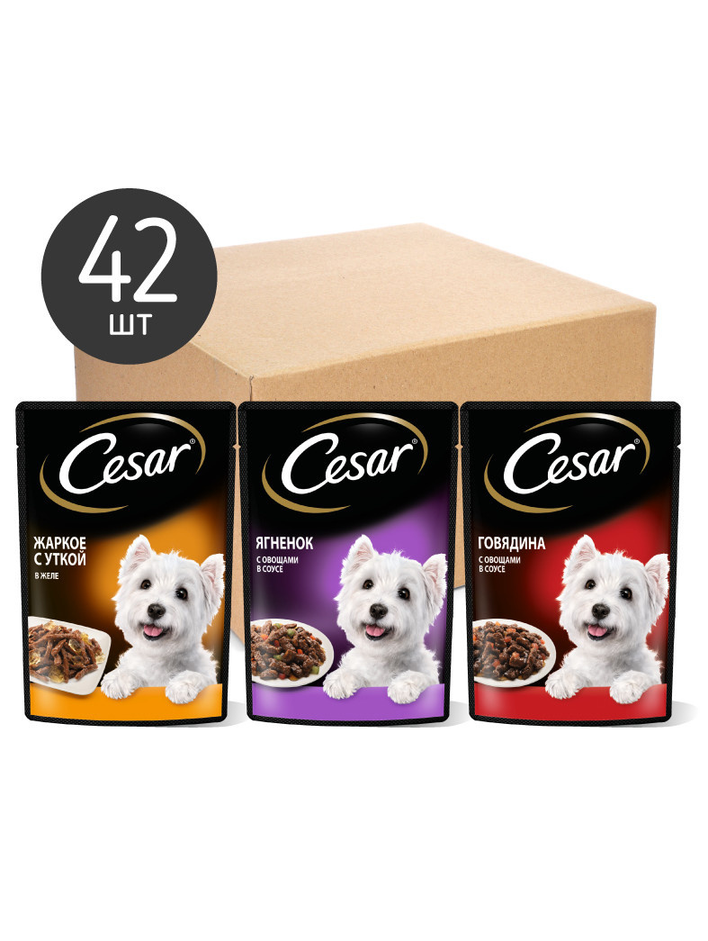 Cesar Cesar набор паучей для собак, три вкуса (паучи желе 14шт х 85г и паучи ломтики в соусе 28шт х 85г) (3,57 кг)