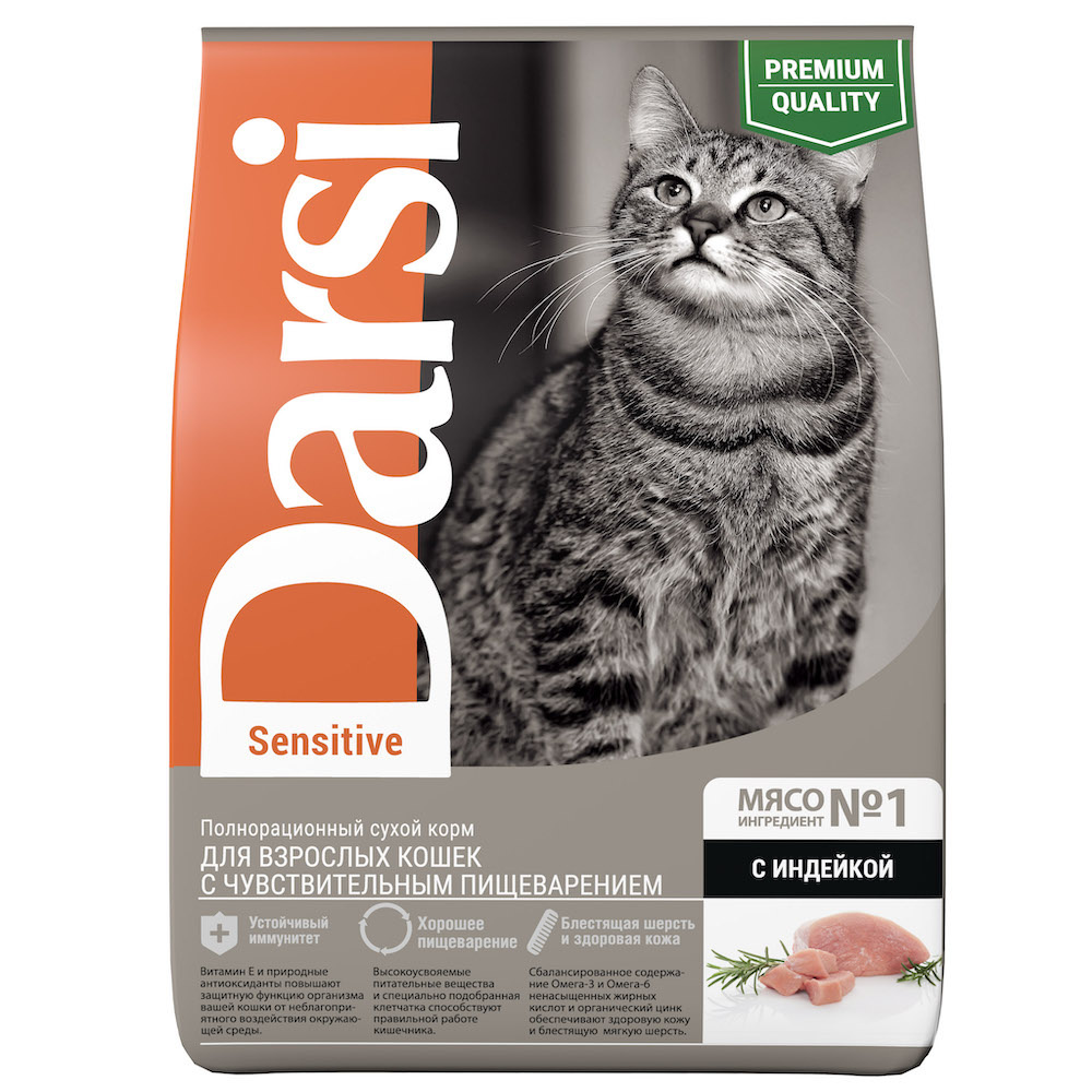 Darsi Darsi сухой корм для кошек с чувствительным пищеварением, с индейкой (1,8 кг) благомакc zn se комплекс с витаминами a e c b6 ооо вис