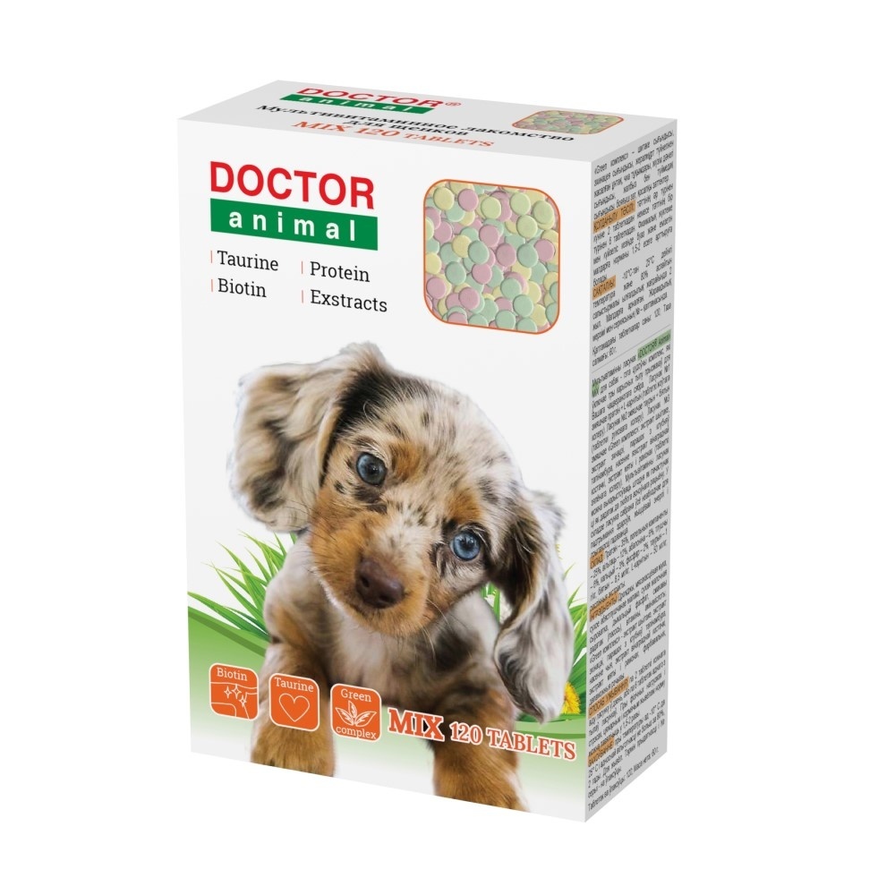 цена Бионикс Бионикс мультивитаминное лакомство Doctor Animal Mix, для щенков, 120 таблеток (50 г)