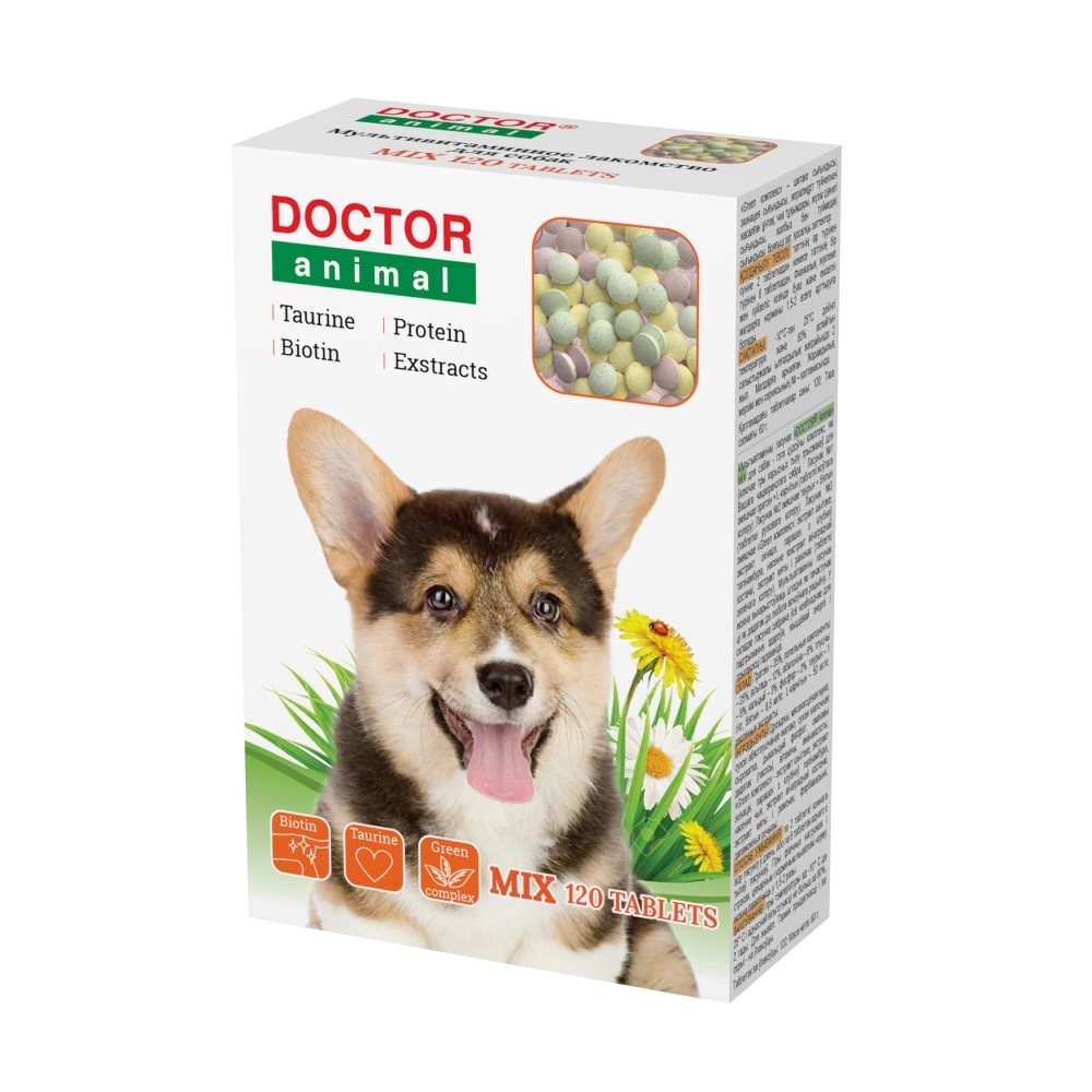 цена Бионикс Бионикс мультивитаминное лакомство Doctor Animal Mix, для собак, 120 таблеток (55 г)