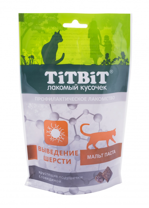 TiTBiT TiTBiT хрустящие подушечки для кошек, с говядиной для выведения шерсти (60 г) titbit хрустящие подушечки для кошек с лососем для здоровья шерсти 60 г