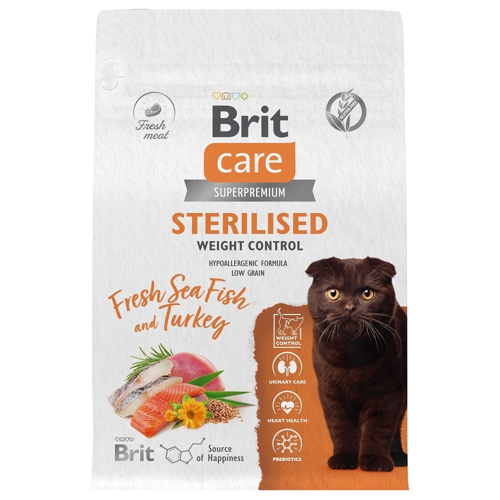 Brit Care Brit Care сухой корм с морской рыбой и индейкой для стерилизованных кошек, контроль веса (400 г)